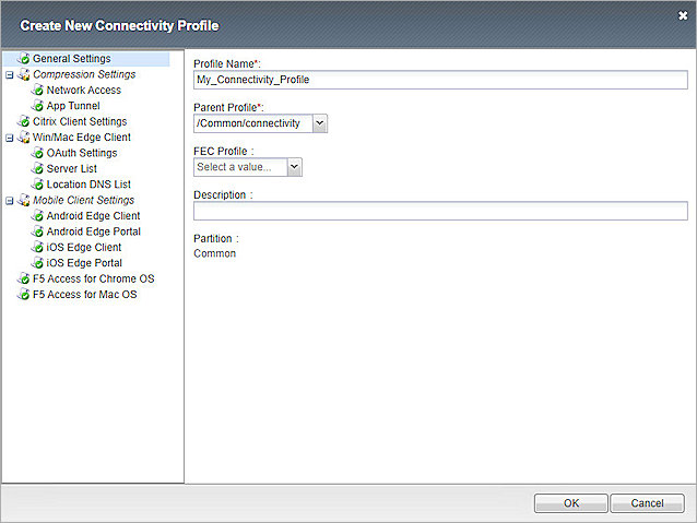 Screenshot of F5 Big-IP, Add Connectivity Profiles